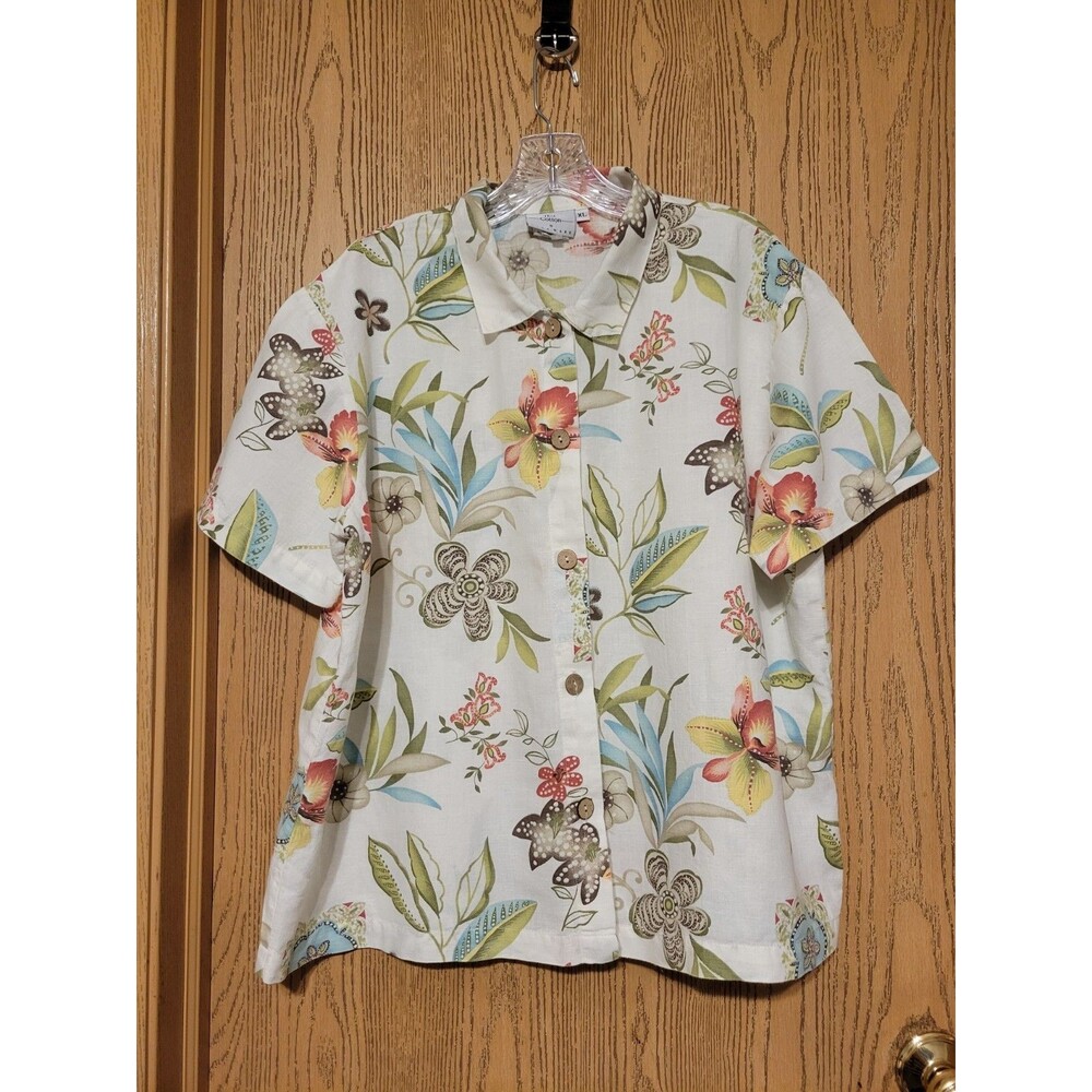 Hot Cotton by Marc Ware Linen Floral Button Up Top Shortsleeves Women's Size XL